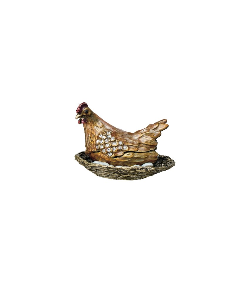 Enameled Metal Hen on Nest Trinket Box – Gold Finish with Jewels