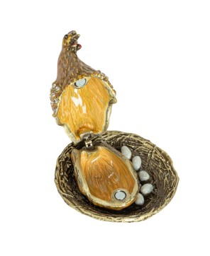 Enameled Metal Hen on Nest Trinket Box – Gold Finish with Jewels