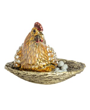 Enameled Metal Hen on Nest Trinket Box – Gold Finish with Jewels