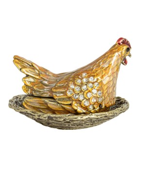 Enameled Metal Hen on Nest Trinket Box – Gold Finish with Jewels