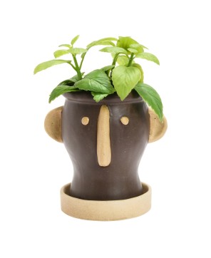 Playful Stoneware Face Planter Set – Brown & Cream | Set of 2