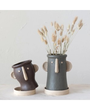 Playful Stoneware Face Planter Set – Brown & Cream | Set of 2