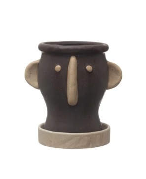 Playful Stoneware Face Planter Set – Brown & Cream | Set of 2