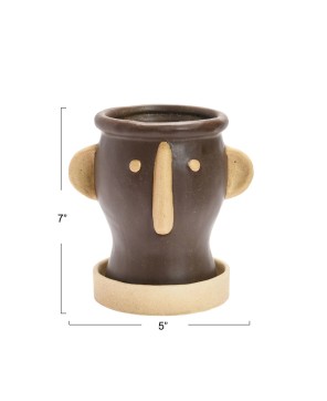 Playful Stoneware Face Planter Set – Brown & Cream | Set of 2