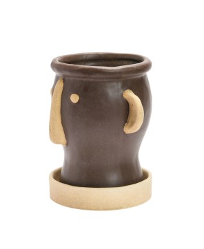 Playful Stoneware Face Planter Set – Brown & Cream | Set of 2