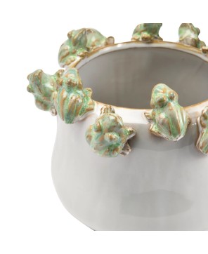 Whimsical Frog Planter – White & Green Stoneware (7" Pot)