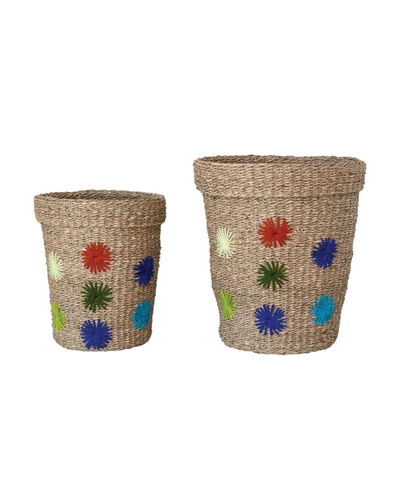 Handwoven Seagrass Baskets with Embroidered Flowers – Set of 2