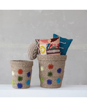 Handwoven Seagrass Baskets with Embroidered Flowers – Set of 2