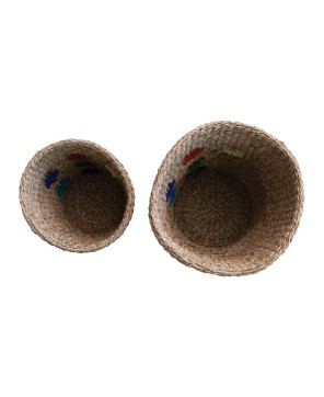 Handwoven Seagrass Baskets with Embroidered Flowers – Set of 2