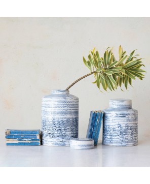 Stoneware Striped Ginger Jar – Blue & White Reactive Glaze