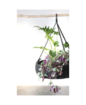 Hand-Woven Hanging Rattan Basket – Jute Rope Hanger | Black Finish