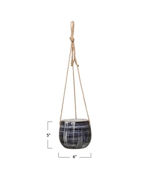 Hanging Stoneware Planter – Blue & Natural | Jute Rope Hanger