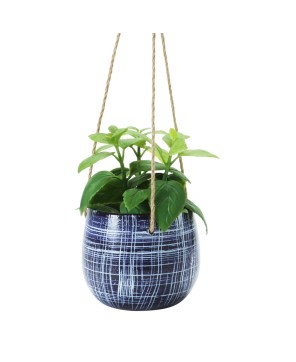 Hanging Stoneware Planter – Blue & Natural | Jute Rope Hanger