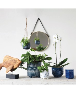 Hanging Stoneware Planter – Blue & Natural | Jute Rope Hanger