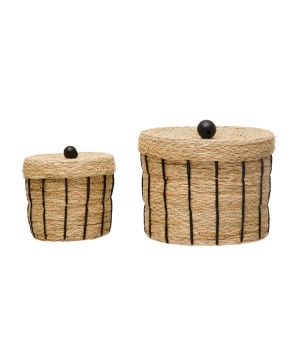 Hand-Woven Seagrass Striped Baskets with Lids – Set of 2