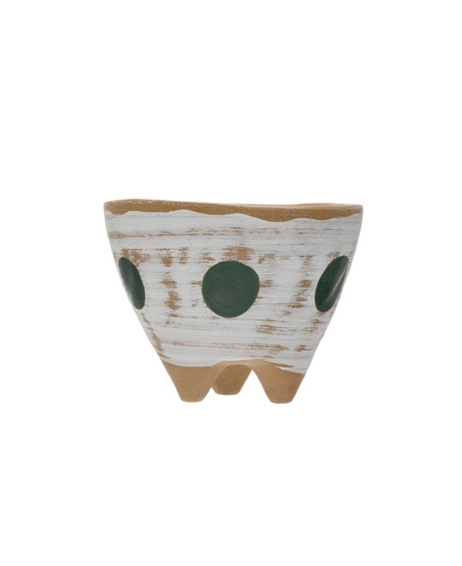 Hand-Painted Stoneware Footed Planter | Matte White, Green & Natural