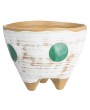 Hand-Painted Stoneware Footed Planter | Matte White, Green & Natural