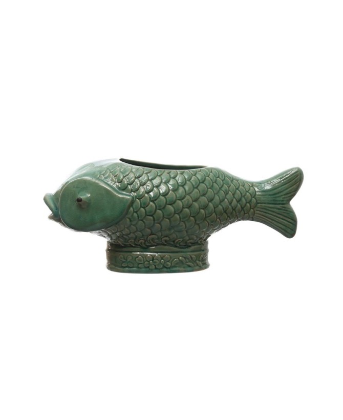 Debossed Stoneware Fish Planter – Turquoise Glaze | Coastal Home Décor