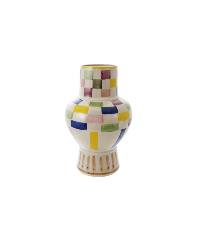 Hand-Painted Stoneware Vase – Check Pattern Multi-Color