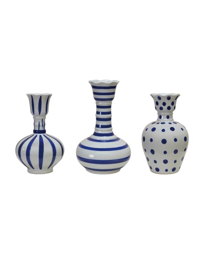 Hand-Painted Stoneware Vase – Dots & Stripes, Blue & White