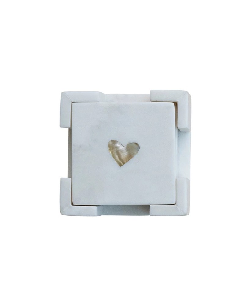 Marble Coasters with Heart Inlay & Holder – Elegant Set of 5 Marble Coasters with Heart Inlay & Holder – Elegant Set of 5