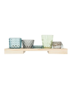Multi-Color Glass Votive & Tealight Holder Set with Wood Tray – 6pc