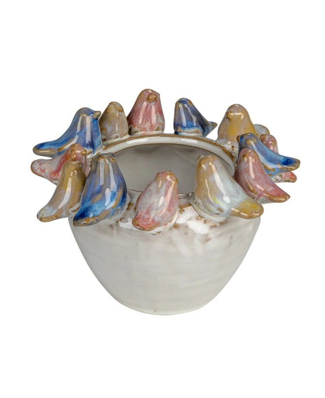 Stoneware Planter with Birds on Rim – Reactive Glaze