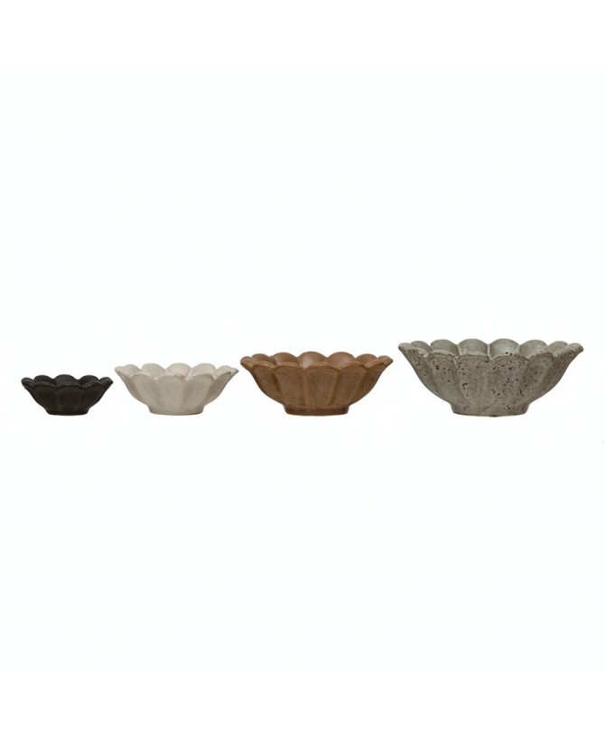 Stoneware Flower-Shaped Bowls, Reactive Glaze – Set of 4, Multi-Color