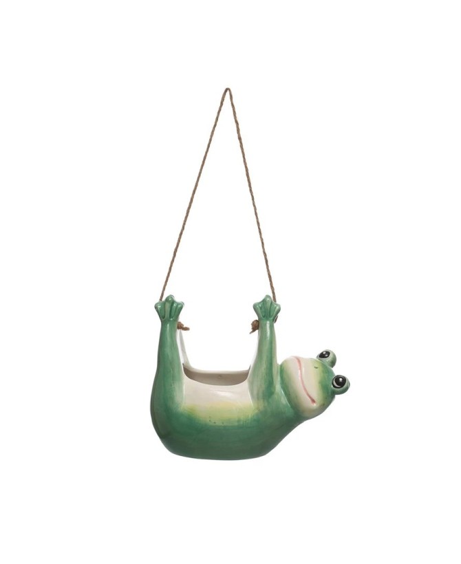 Hanging Ceramic Frog Planter with Jute Rope Hanger – Green & White