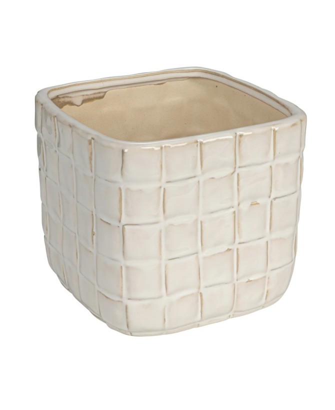 Stoneware Planter with Woven Pattern – White, Holds 6" Pot