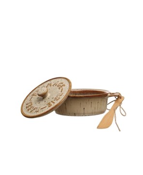 Rustic Stoneware Brie Baker Set with Bamboo Spreaders – Set of 2