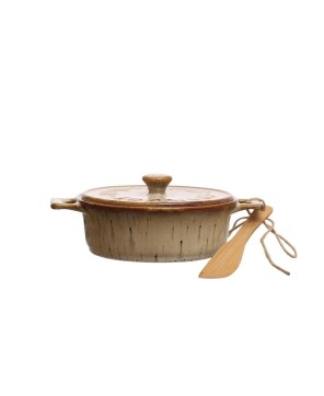 Rustic Stoneware Brie Baker Set with Bamboo Spreaders – Set of 2