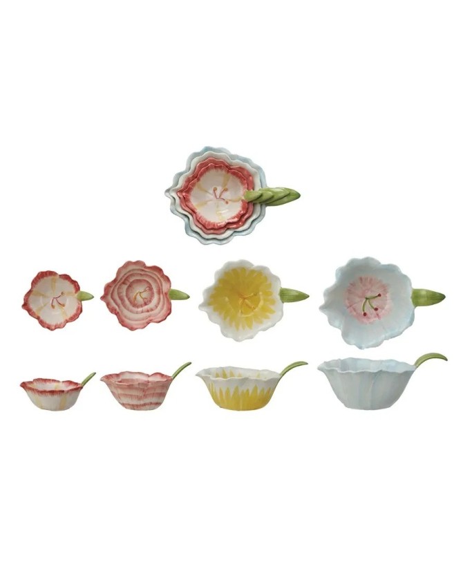 Hand-Painted Stoneware Flower Prep Bowls – Set of 4, Multi-Color