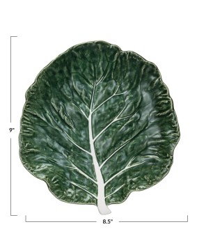 and-Painted Stoneware Cabbage Plate – Green, Food-Safe