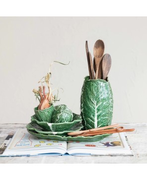 and-Painted Stoneware Cabbage Plate – Green, Food-Safe