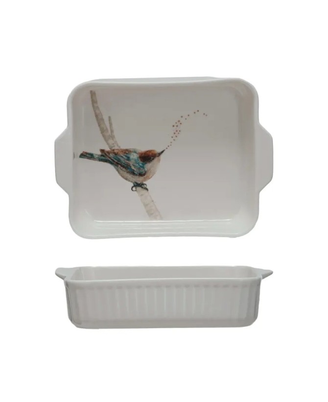 1 Quart Stoneware Baker with Bird Motif & Handles – Farmhouse Style
