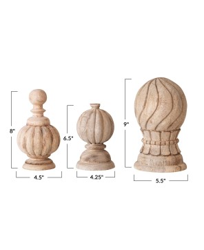 Hand-Carved Mango Wood Finials – Bleached, Set of 3