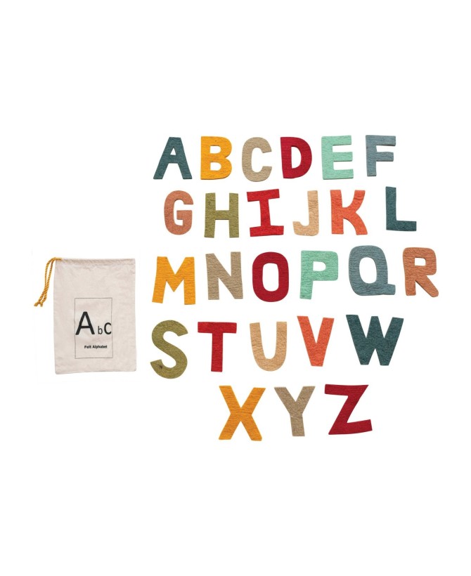 Handmade Wool Felt Alphabet Set – 26 Letters in Printed Drawstring Bag