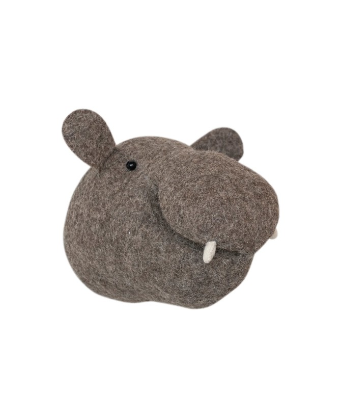 Handmade Wool Felt Hippo Head Wall Décor – Grey & Cream, Eco-Friendly