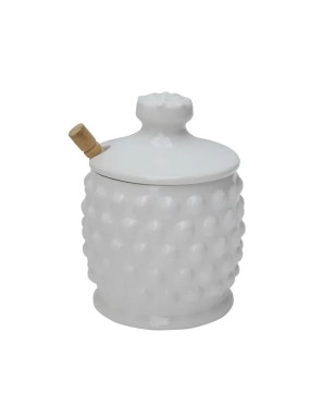 White Ceramic Honey Jar Set with Wood Dipper – Stylish & Functional
