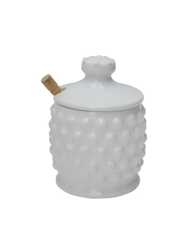 White Ceramic Honey Jar Set with Wood Dipper – Stylish & Functional