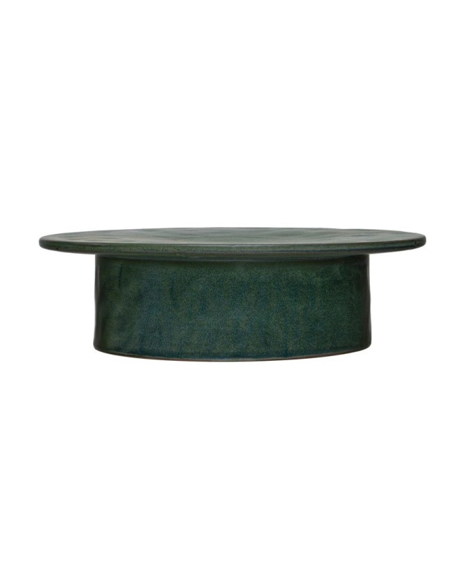 Stoneware Pedestal – 12” Round, Reactive Glaze, Matte Green