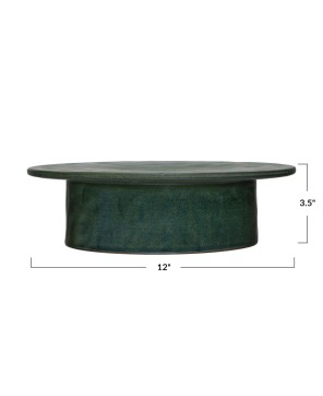 Stoneware Pedestal – 12” Round, Reactive Glaze, Matte Green