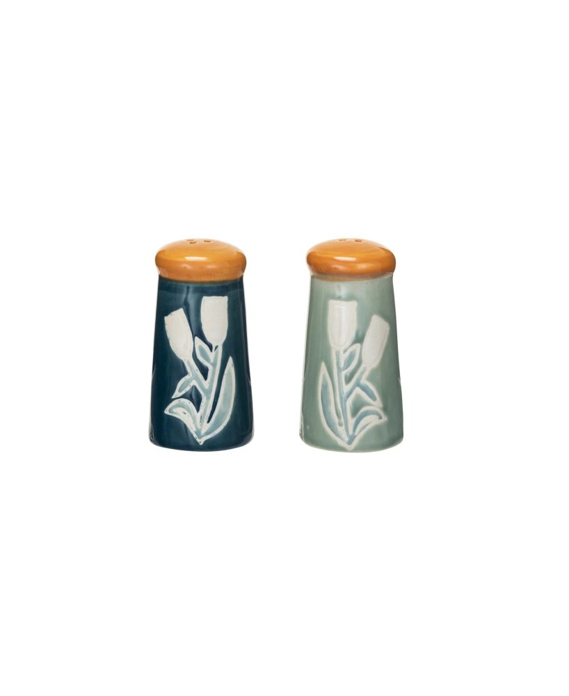 Hand-Painted Stoneware Salt & Pepper Shakers – Floral Design Hand-Painted Stoneware Salt & Pepper Shakers – Floral Design