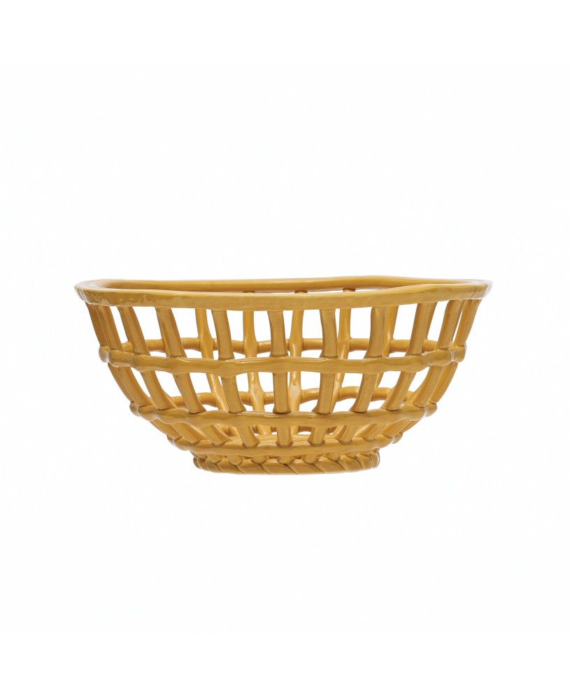 Handmade Mustard Stoneware Basket Bowl – Reactive Glaze Finish Handmade Mustard Stoneware Basket Bowl – Reactive Glaze Finish