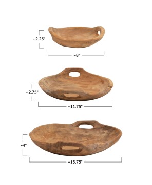 Hand-Carved Teak Wood Bowls with Handles – Set of 3, Live Edge