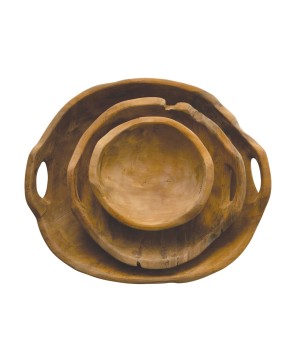 Hand-Carved Teak Wood Bowls with Handles – Set of 3, Live Edge