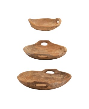 Hand-Carved Teak Wood Bowls with Handles – Set of 3, Live Edge