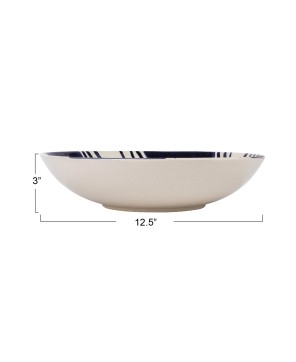 Hand-Painted 12.5" Stoneware Serving Bowl – Blue & Cream Design