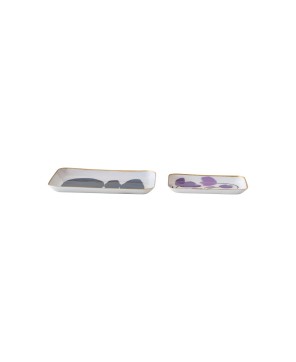 Enameled Metal Trays – Floral & Abstract Design, Gold Rim, Set of 2